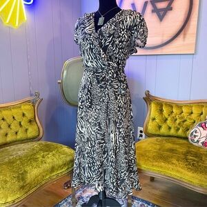 Vintage 90s Fashion Bug Zebra Animal Print Sheer Faux Wrap Dress Size XL